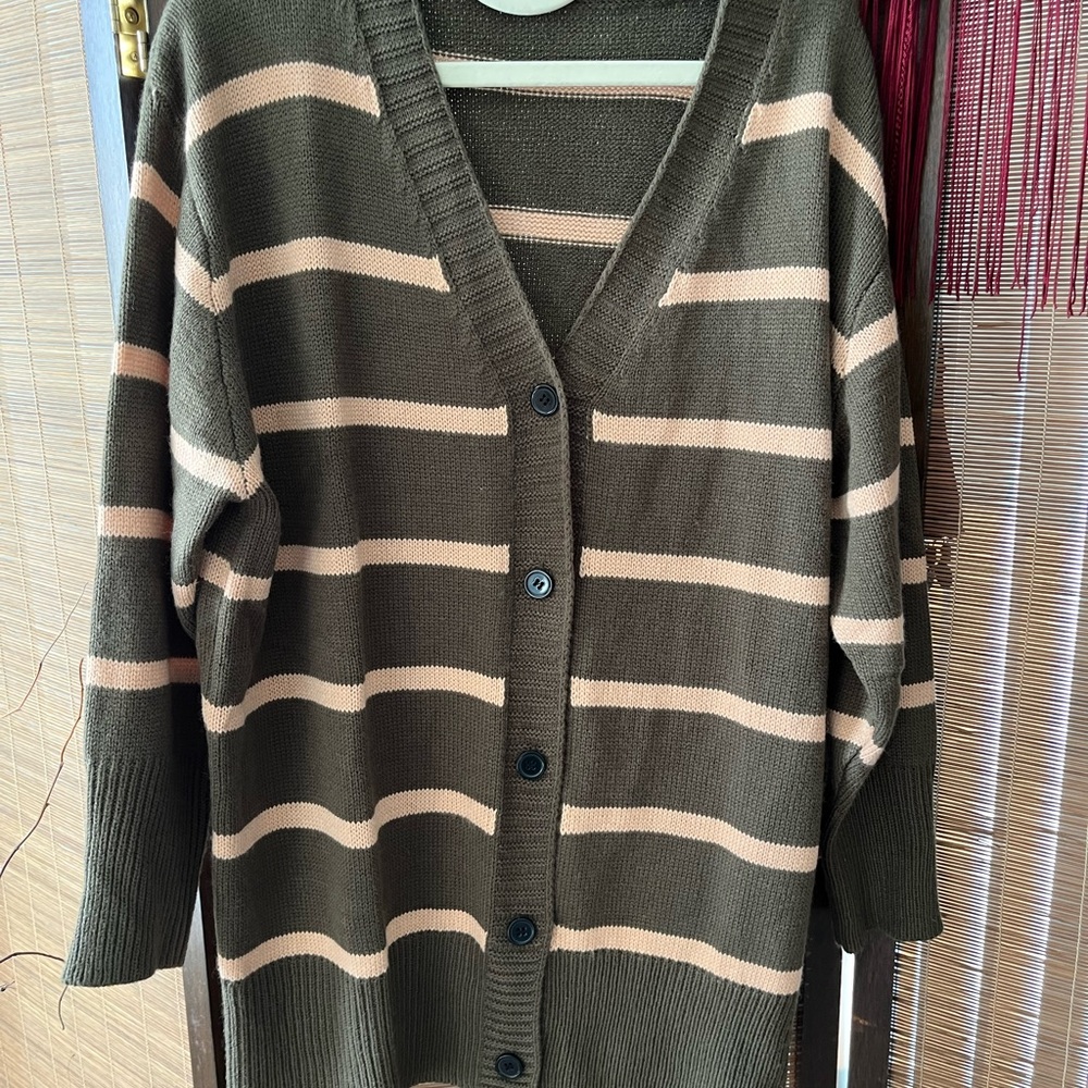Olive Striped Women's Sweater Cardigan